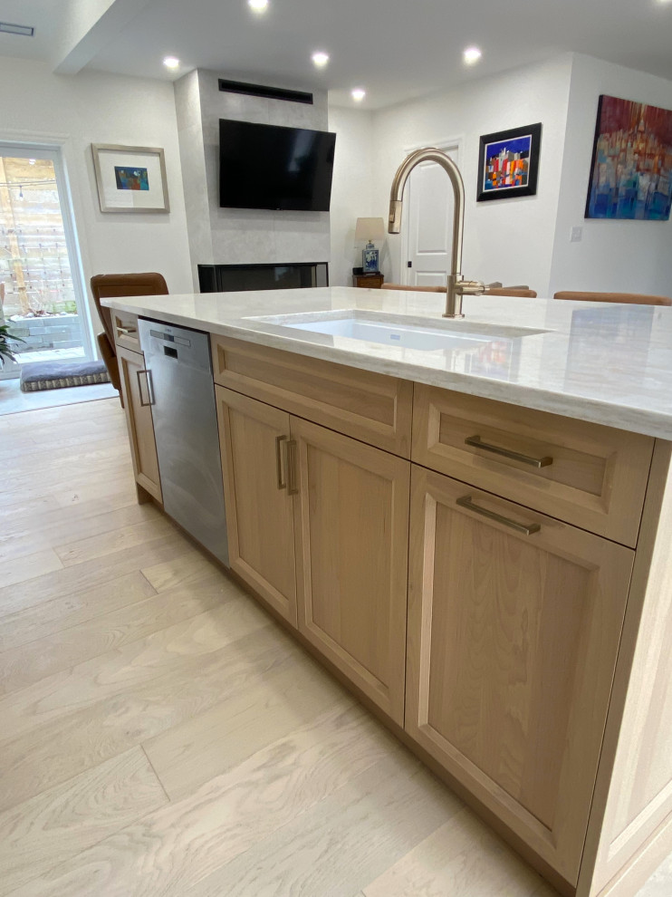 Open concept kitchen - small transitional galley light wood floor and vaulted ceiling open concept kitchen idea in Toronto with an undermount sink, recessed-panel cabinets, white cabinets, quartz countertops, quartz backsplash and stainless steel appliances