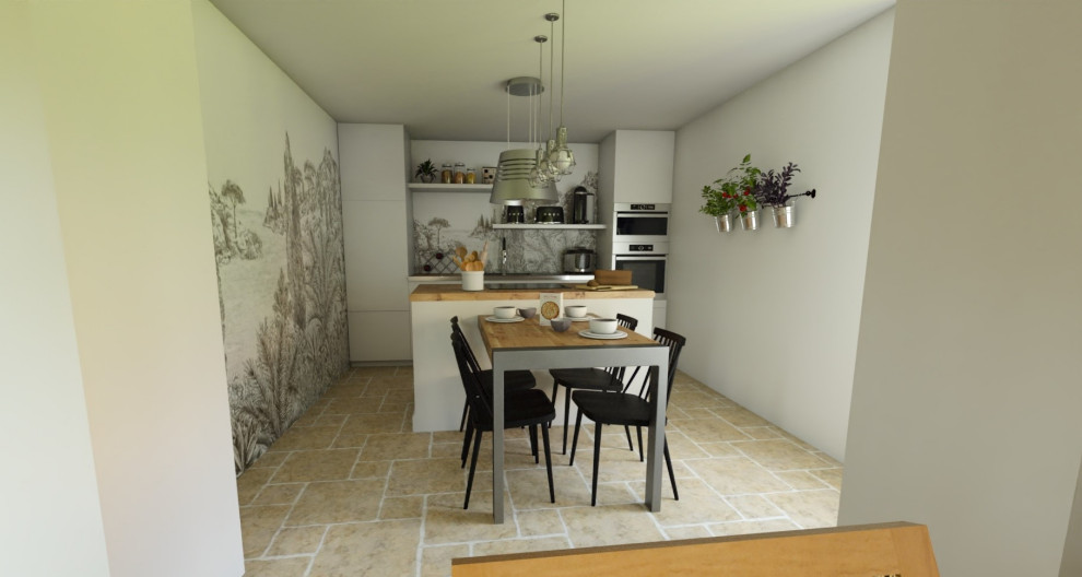 Design ideas for a small country single-wall eat-in kitchen in Nancy with a double-bowl sink, flat-panel cabinets, white cabinets, wood benchtops, stainless steel appliances, limestone floors, with island, beige floor and brown benchtop.