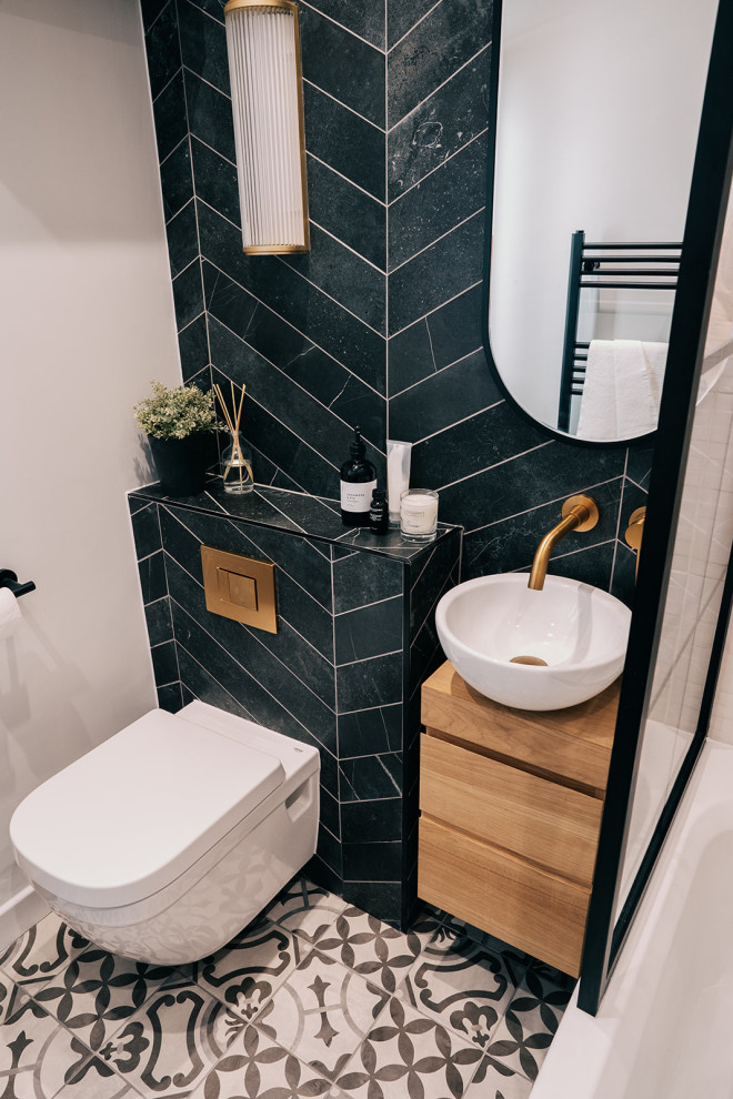Design ideas for a small contemporary kids bathroom in Sussex with flat-panel cabinets, brown cabinets, a curbless shower, black and white tile, ceramic tile, cement tiles and a single vanity.