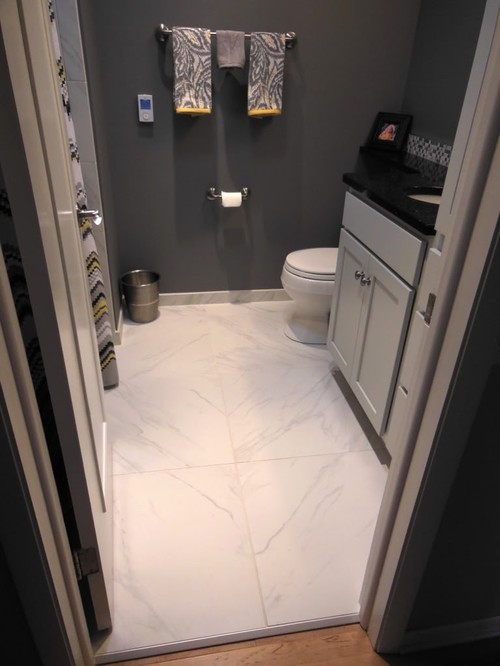 Can I use 12x24 floor tiles in a small bathroom - I've posted this picture numerous times but here it is once more to help  you judge big tiles in a small space. She loves having minimal grout lines.