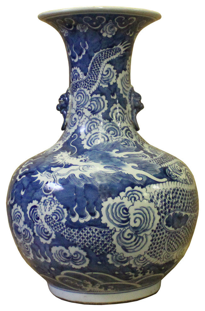 Handmade Chinese Blue White Porcelain Oriental Dragons Scenery Graphic Vase  - Asian - Vases - by Golden Lotus Antiques | Houzz