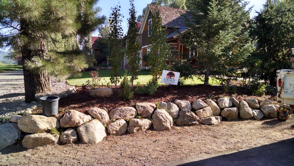 Photo of a mid-sized traditional backyard driveway in Denver with a garden path and natural stone pavers.