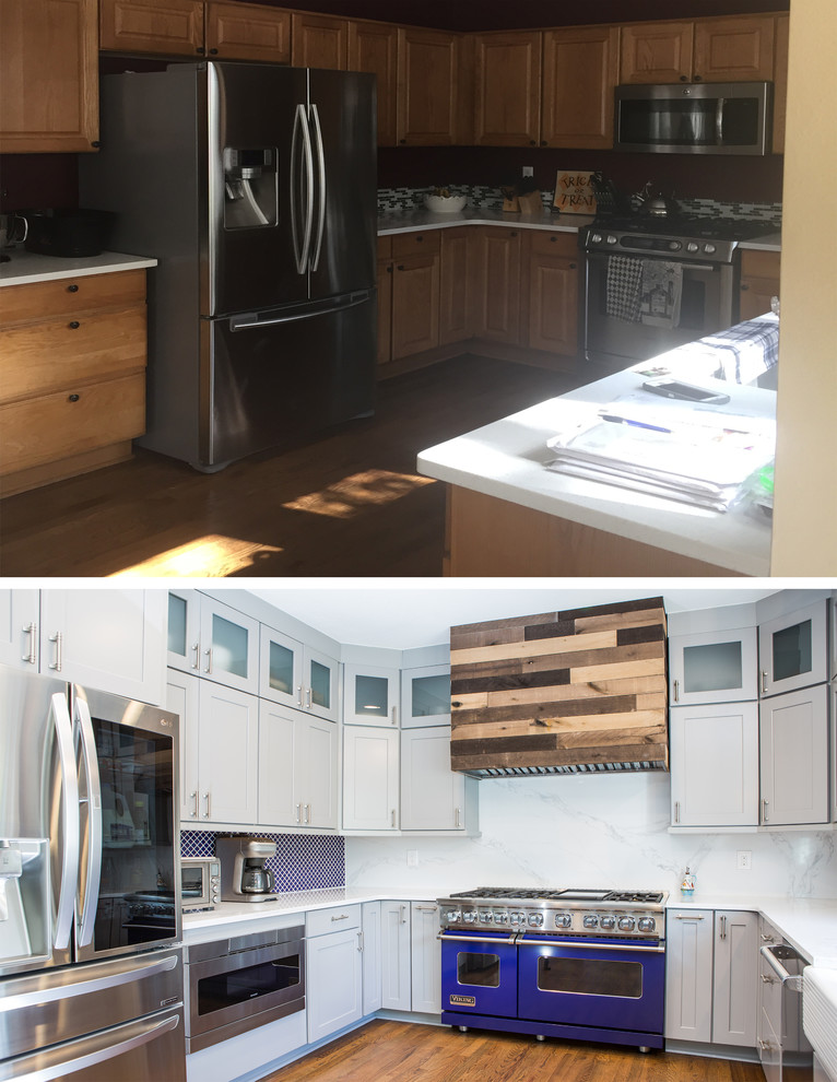 Eat-in kitchen - huge transitional u-shaped eat-in kitchen idea in Denver with shaker cabinets, gray cabinets, quartz countertops, blue backsplash, no island and white countertops