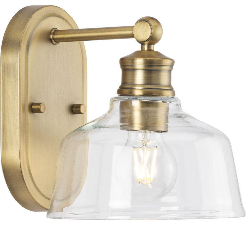 Singleton 1-Light 7.62" Vintage Brass Farmhouse Vanity Light, Clear Glass Shade