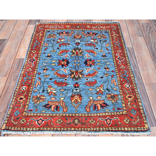 Blue, Natural Wool, Afghan Peshawar, Hand Knotted, Mat Oriental Rug, 2