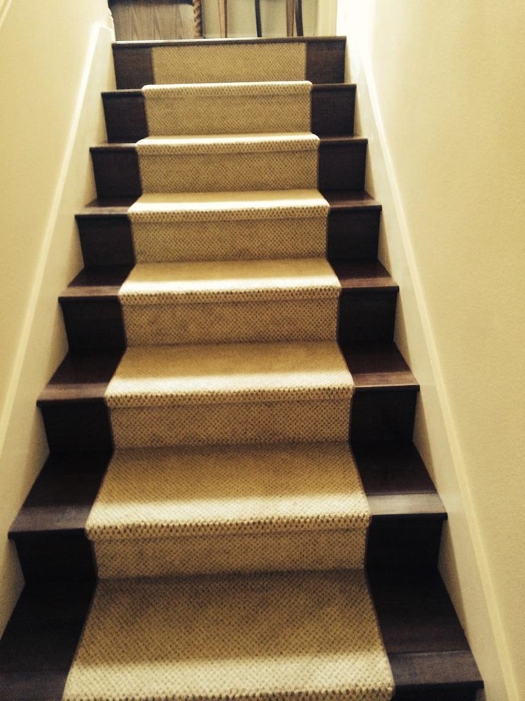 Photo of a small traditional carpeted straight staircase in Orange County with painted wood risers.
