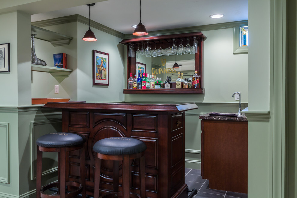 Design ideas for a large traditional home bar in Boston with ceramic floors.