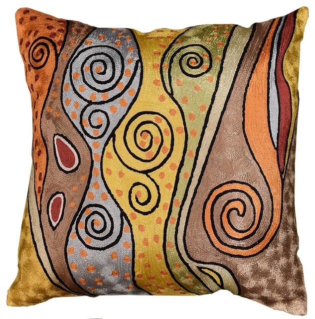 Klimt Accent Pillow Cover Art Nouveau Hand Embroidered Silk, 18"x18