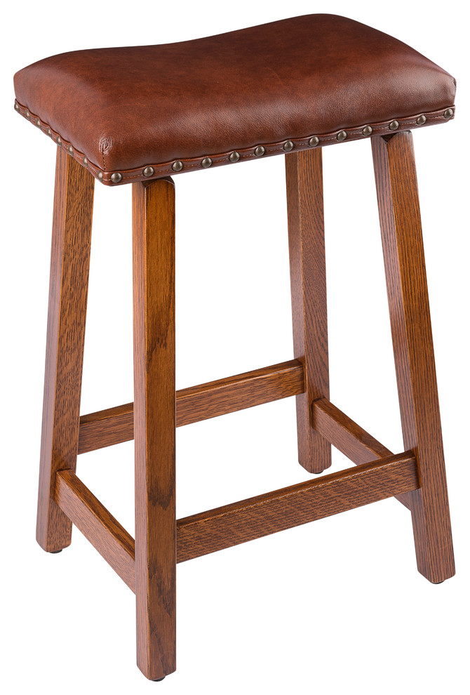 Rustic Urban Stool, Quarter Sawn Oak With Brown Leather Seat, Counter Height 24
