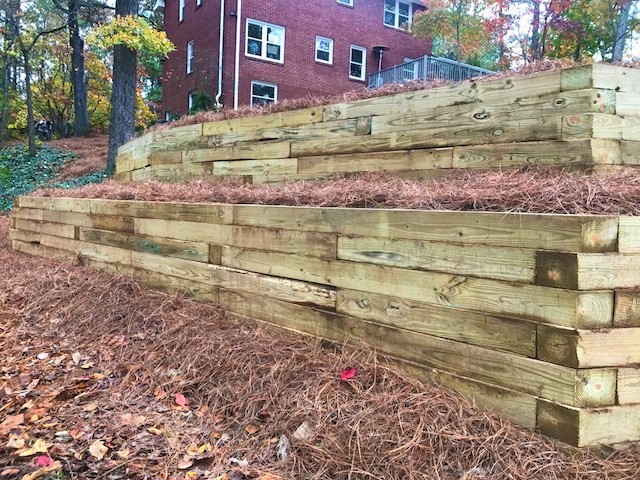 Modular Concrete Block Wall with Steps, Pressure Treated Timber Walls, Sod