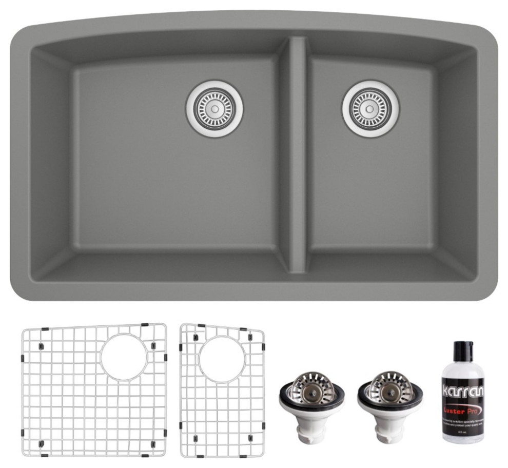 Karran Undermount Quartz 32" 60/40 Double Bowl Kitchen Sink Kit, Grey