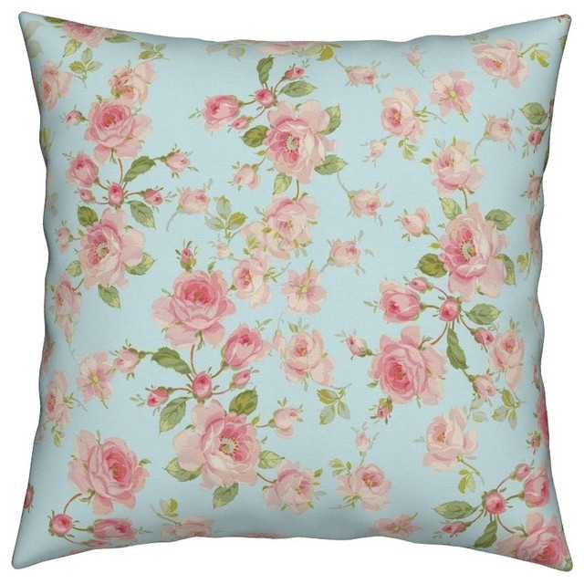 Aqua Blue Pink And White Pink Roses Shabby Throw Pillow