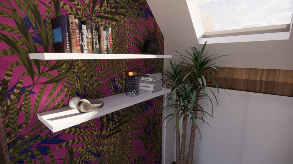 Cette photo montre un petit bureau exotique avec un mur multicolore, un sol en bois brun, aucune cheminée, un bureau indépendant et un sol marron.