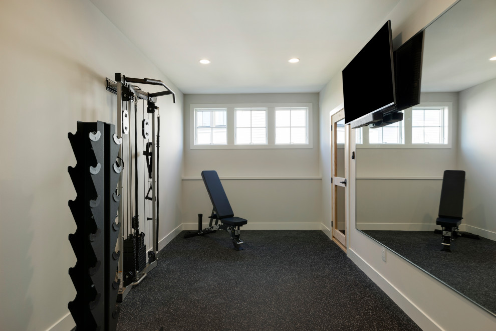 Example of a transitional home gym design in Minneapolis
