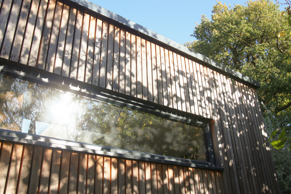 Esempio della villa piccola contemporanea a un piano con rivestimento in legno, tetto piano, copertura mista, tetto grigio e pannelli e listelle di legno