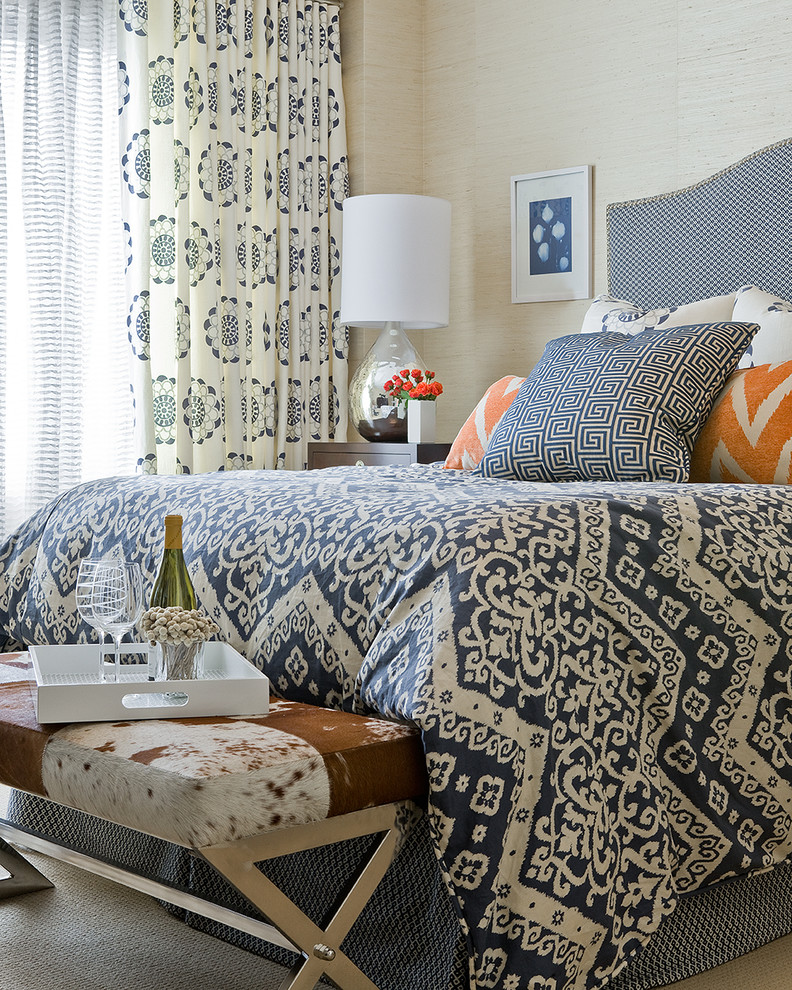 Example of a large transitional master carpeted bedroom design in Boston with beige walls and no fireplace
