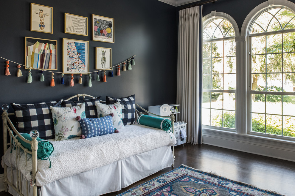 Lake Calm - Fun play room with deep navy painted walls, custom window treatments, colorful area rug, and funky gallery wall

Photos by Bos Images