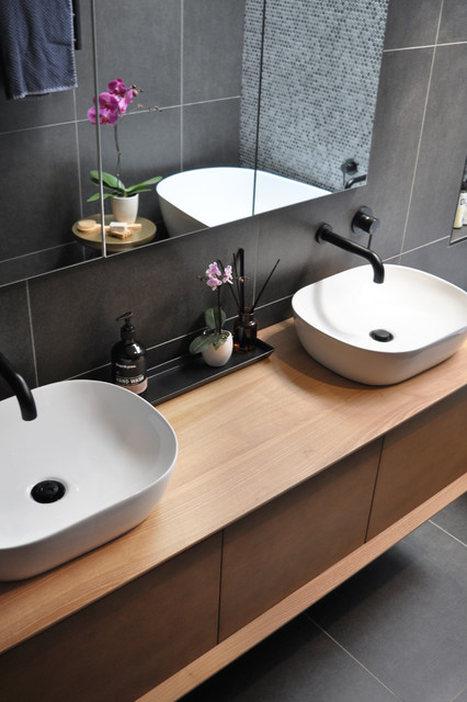 Avonwood Modern Bathroom Dark Shades, Bathroom Grey Tiles Timber Vanity