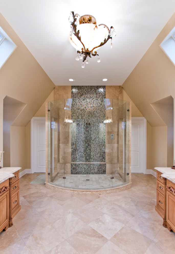 This is an example of a large contemporary master bathroom in Chicago with beaded inset cabinets, medium wood cabinets, an alcove shower, gray tile, green tile, multi-coloured tile, glass tile, beige walls, ceramic floors, an undermount sink and granite benchtops.