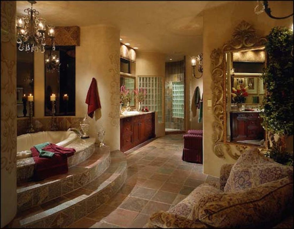 Large master multicolored tile and ceramic tile ceramic tile drop-in bathtub photo in Phoenix with beige walls