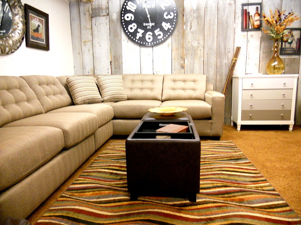 Example of a transitional carpeted living room design with gray walls