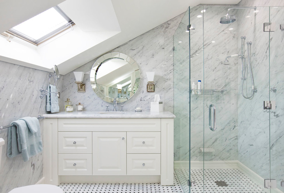 Design ideas for a mid-sized traditional 3/4 bathroom in Sydney with an undermount sink, white cabinets, marble benchtops, an alcove shower, a two-piece toilet, white tile, stone slab, white walls, marble floors and raised-panel cabinets.