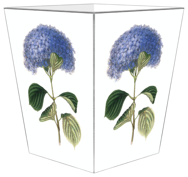 Blue Hydrangea Wood Wastepaper Basket, Flat Top