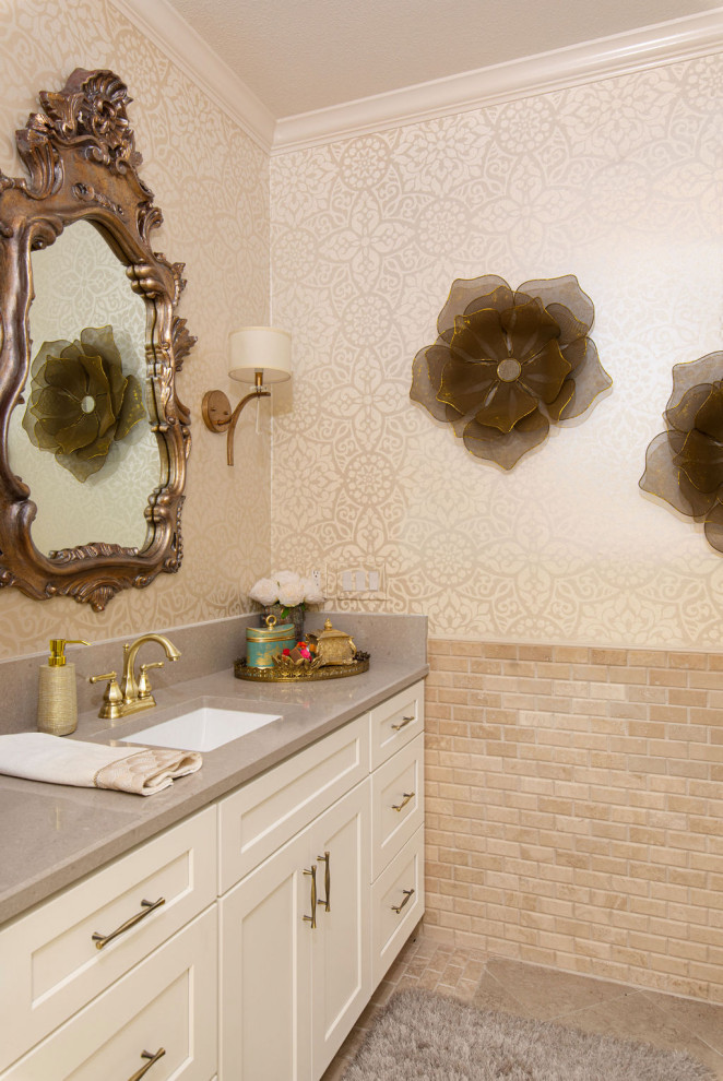 Barker Ridge Drive - Eclectic 3/4 single-sink and wallpaper bathroom photo in Austin with an undermount sink, quartzite countertops and a built-in vanity