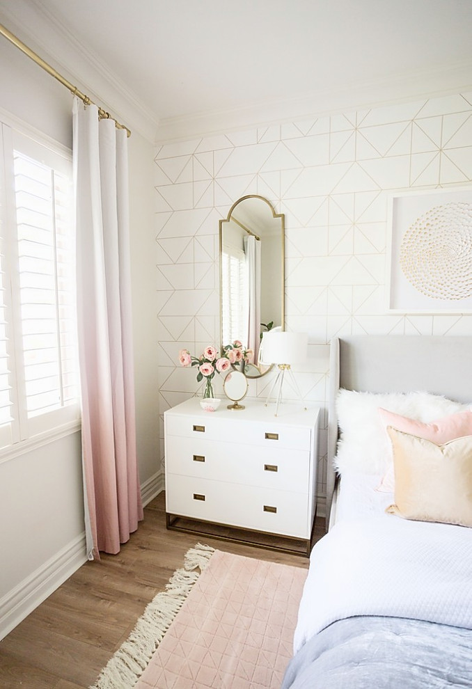 Carob Drive Teen Room Project - Example of a bedroom and mid-sized transitional girl brown floor kids' bedroom design in Phoenix with white walls