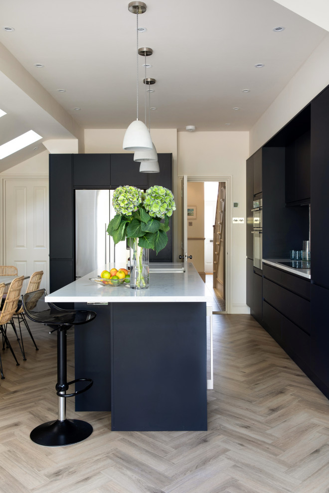 Design ideas for a contemporary kitchen in London with with island.