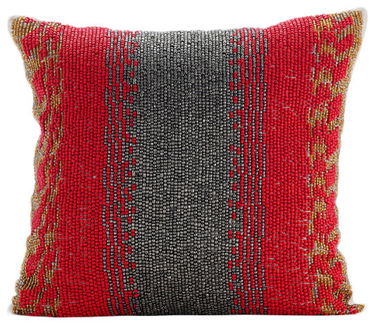 Red Beaded Ivory Cushion Covers, 22x22 Silk Throw Pillows Cover, Cherry Commet