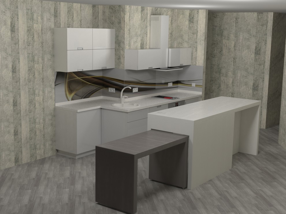 Белая акриловая кухня с барной стойкой из тамбурата