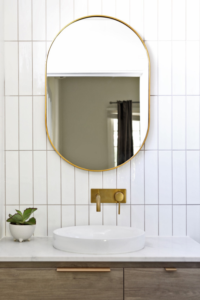 Design ideas for a modern bathroom in Perth with white benchtops and a double vanity.