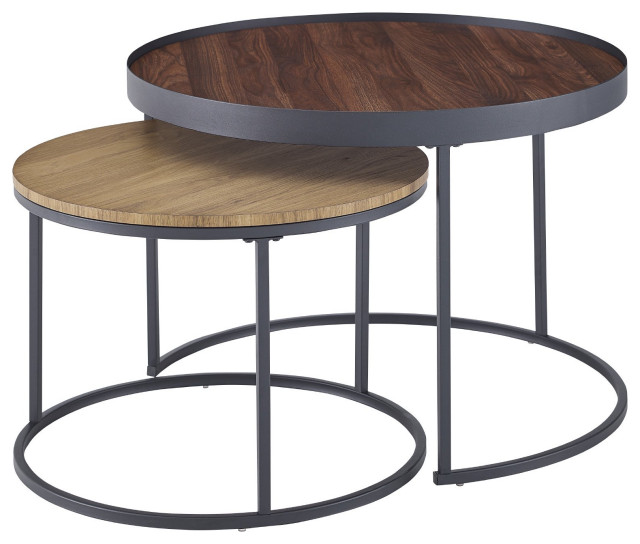 Set of 2, Nesting Coffee Table, Metal Frame With Round Shaped Top, Dark Walnut Industrial