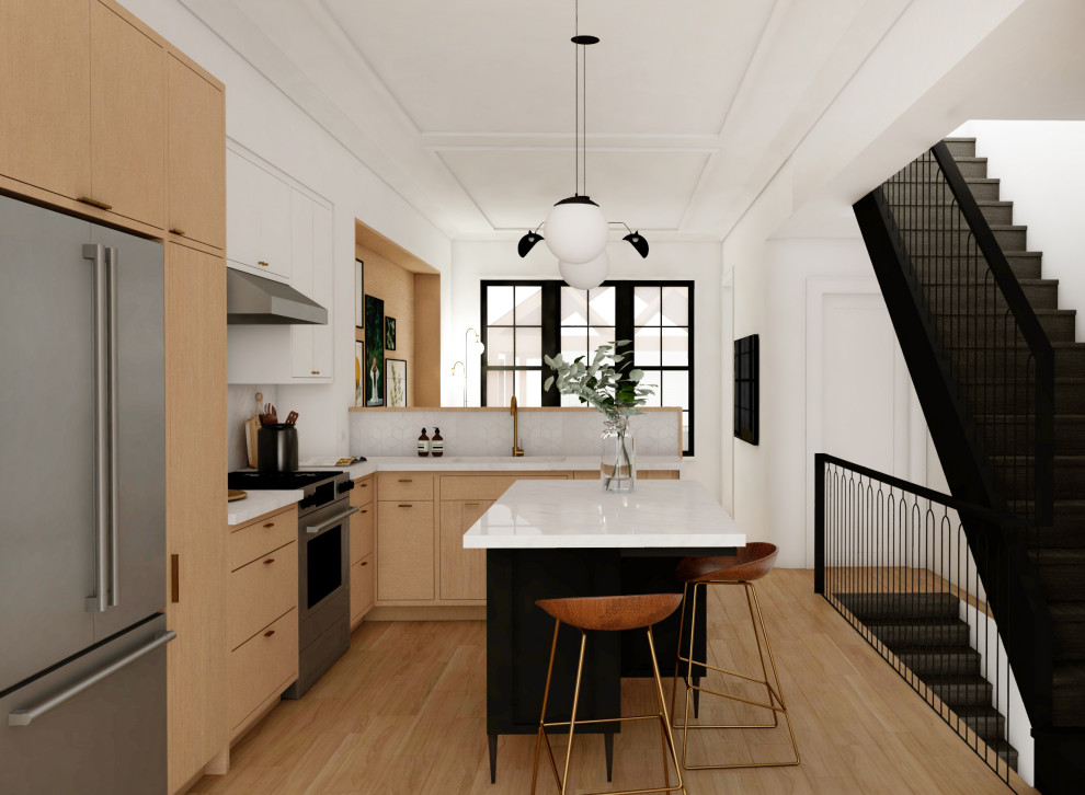 Foto på ett funkis vit kök, med en undermonterad diskho, släta luckor, skåp i ljust trä, bänkskiva i kvarts, brunt stänkskydd, rostfria vitvaror, mellanmörkt trägolv, en köksö och brunt golv