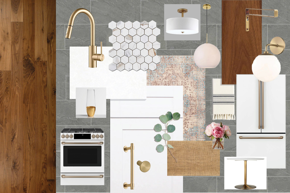 Example of a mid-sized transitional ceramic tile and beige floor home design design in San Francisco with a farmhouse sink, shaker cabinets, white cabinets, quartz countertops, multicolored backsplash, mosaic tile backsplash, white appliances and gray countertops