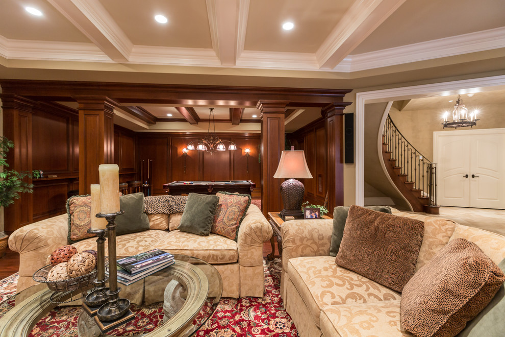 Inspiration for an expansive traditional enclosed family room in DC Metro with a game room, beige walls, medium hardwood floors, a standard fireplace, a stone fireplace surround and a built-in media wall.