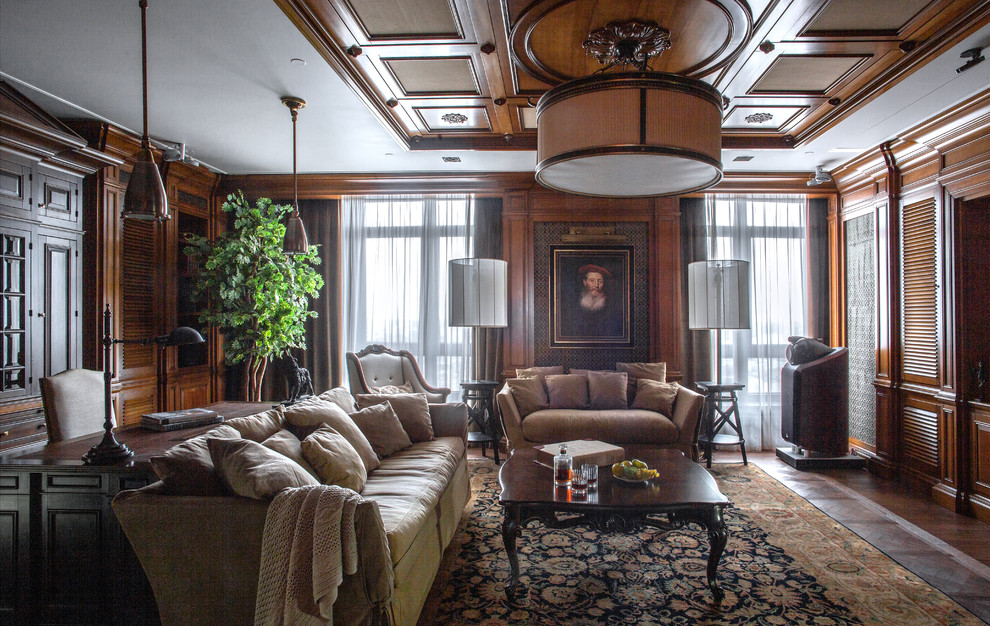 Inspiration for a traditional living room in Moscow with a built-in media wall.