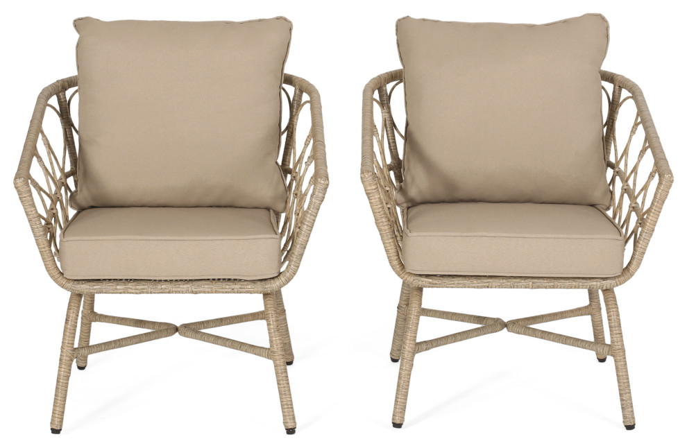 Colmar Outdoor Wicker Club Chairs With Cushions, Set of 2, Light Brown