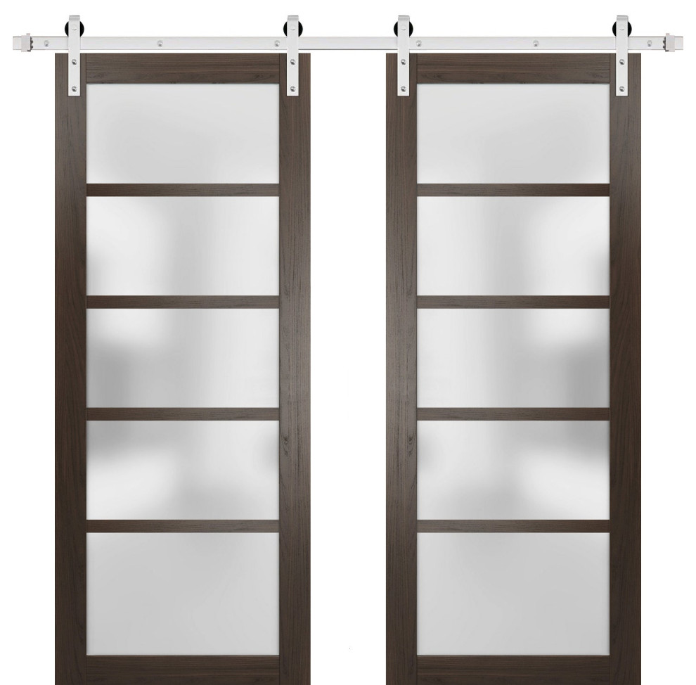 Double Barn Door 84 x 80 Frosted Glass, Quadro 4002 Chocolate Ash, Silver 14FT
