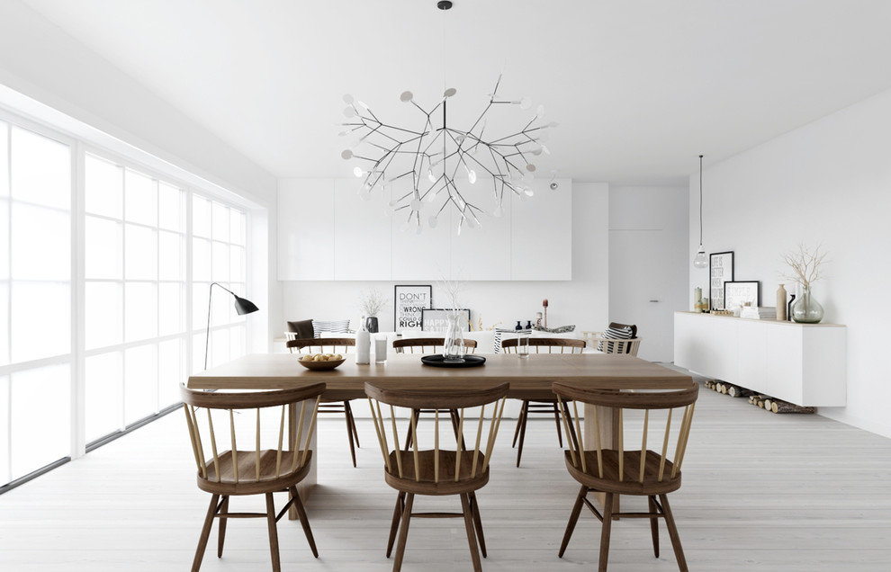 Inspiration for a large scandinavian kitchen/dining combo in Madrid with white walls, light hardwood floors and no fireplace.