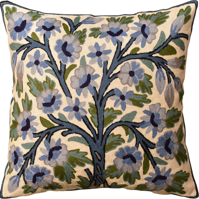 Fl Ivory Blue Tree Of Life Accent Pillow Cover Handembroidered Wool 18 X18 Fl Ivory Blue Tree Of Life Accent Pillow Cover Handembroidered Wool 18 X18
