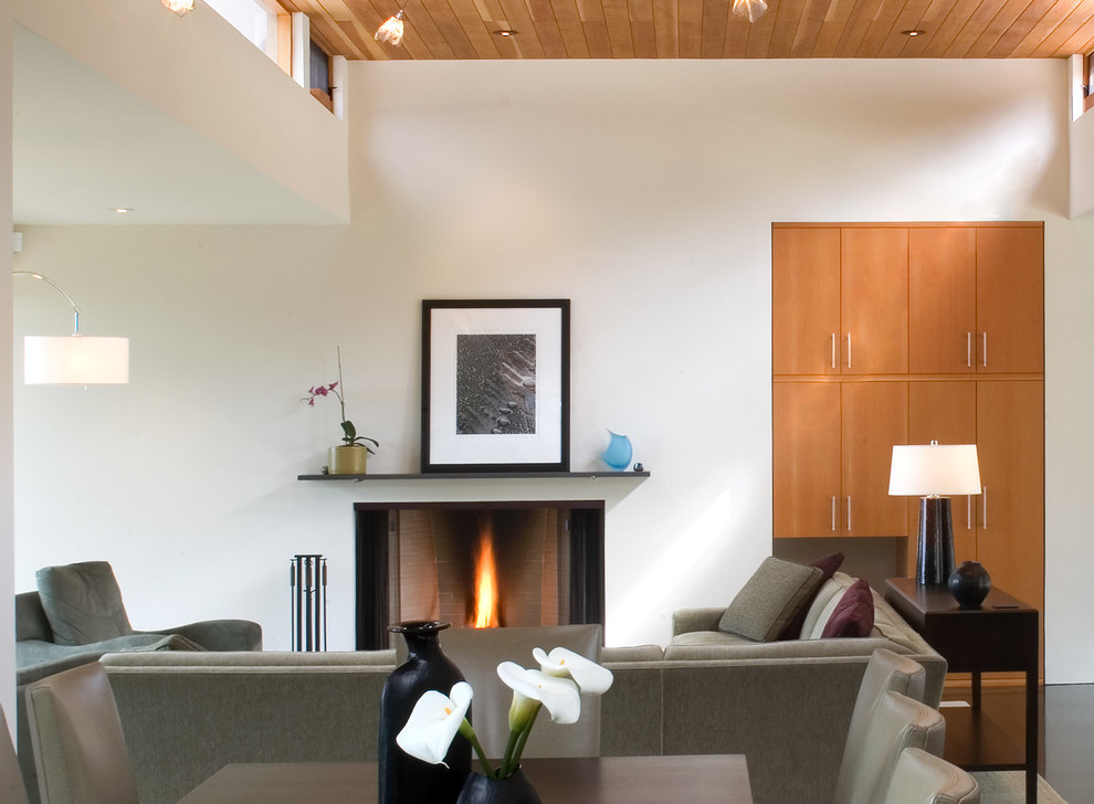This is an example of a large contemporary open concept living room in Other with white walls, dark hardwood floors, a standard fireplace and a plaster fireplace surround.