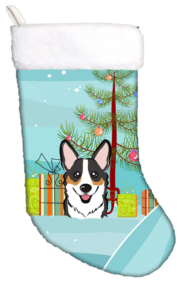 Christmas Tree and Tricolor Christmas Stocking Contemporary