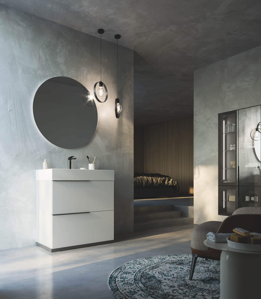 Idée de décoration pour une grande salle de bain principale minimaliste avec des portes de placard blanches, un mur gris, un lavabo intégré, un sol gris, un plan de toilette blanc, meuble simple vasque et meuble-lavabo sur pied.