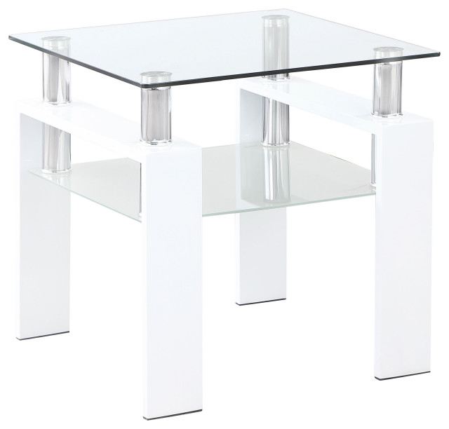 Dyer Square Glass Top End Table With Shelf White Contemporary Side
