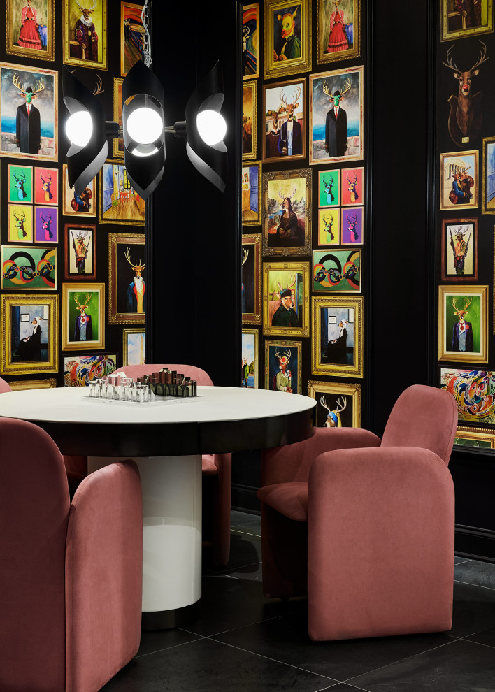 Eclectic black floor and wallpaper family room photo in Chicago with multicolored walls