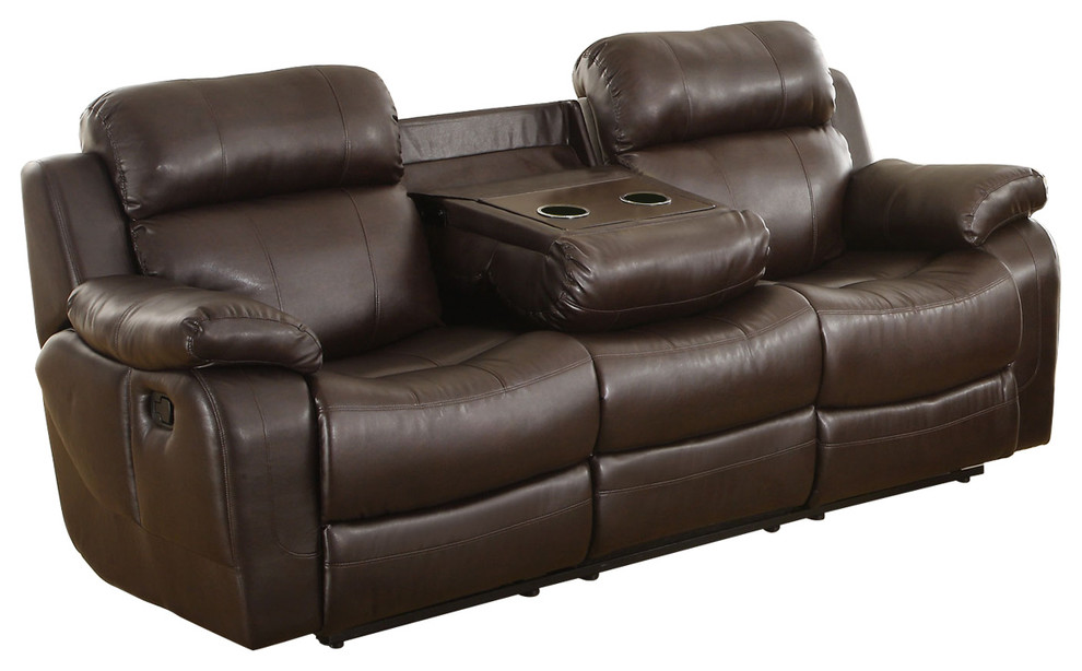 Leather Reclining Three Seater Sofa With Center Drop Down Cup Holder