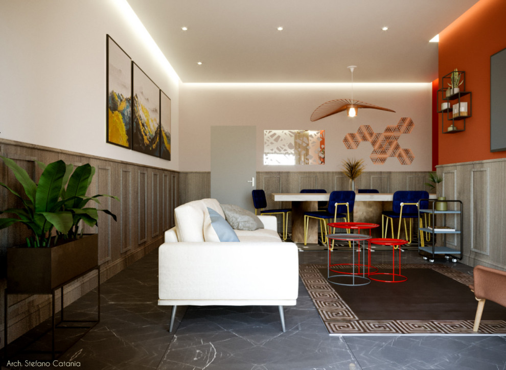 Idée de décoration pour un salon tradition de taille moyenne avec une salle de réception, un mur orange, un sol en carrelage de porcelaine, un téléviseur fixé au mur, un sol gris, un plafond décaissé et boiseries.