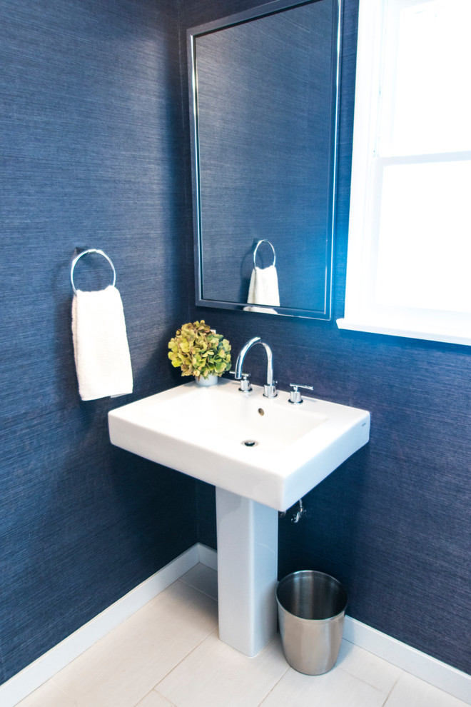 Small contemporary 3/4 bathroom in Los Angeles with a one-piece toilet, blue walls, ceramic floors and a pedestal sink.